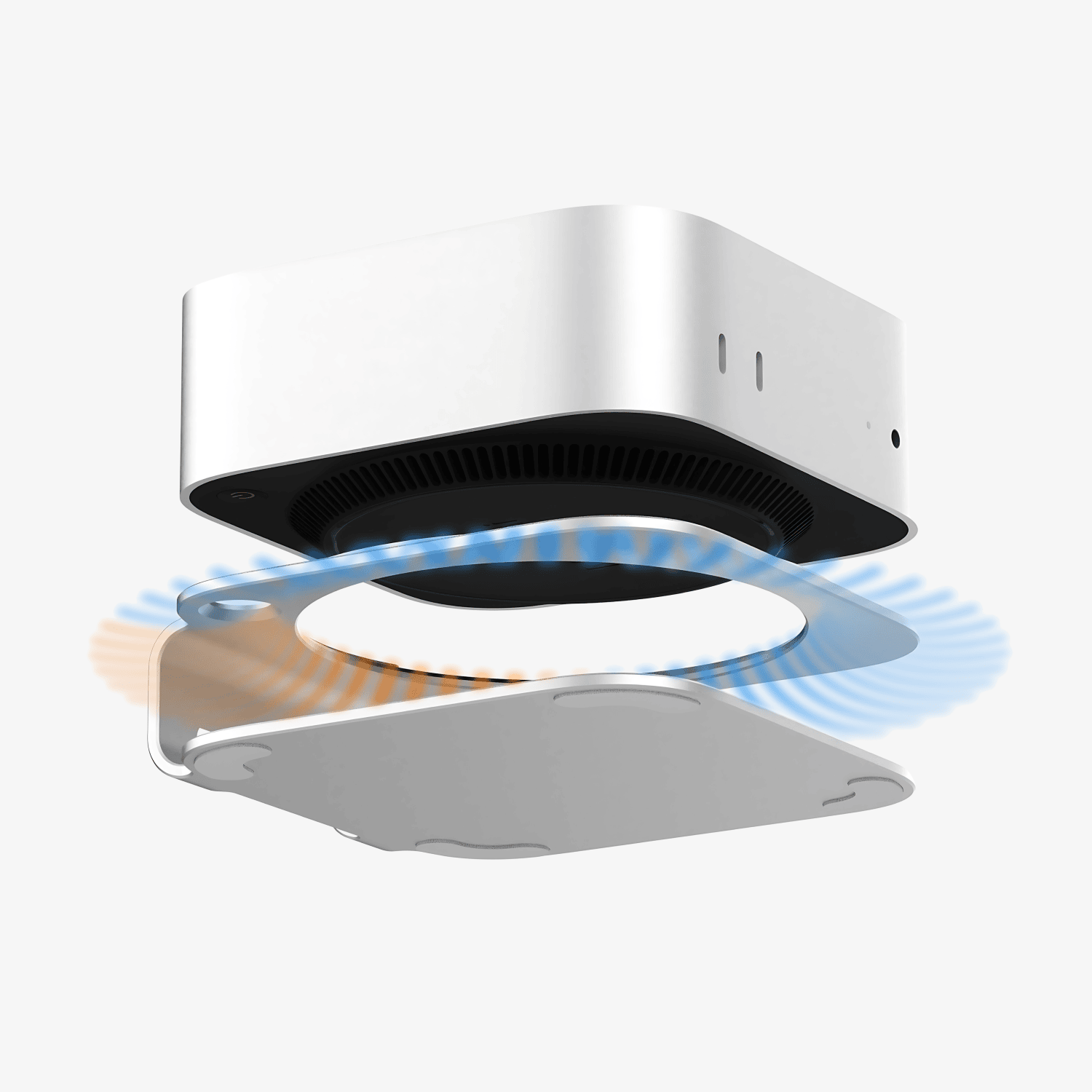 Mac Mini M4-standaard van iMounts: elegant design, betere koeling en eenvoudige toegang tot poorten.