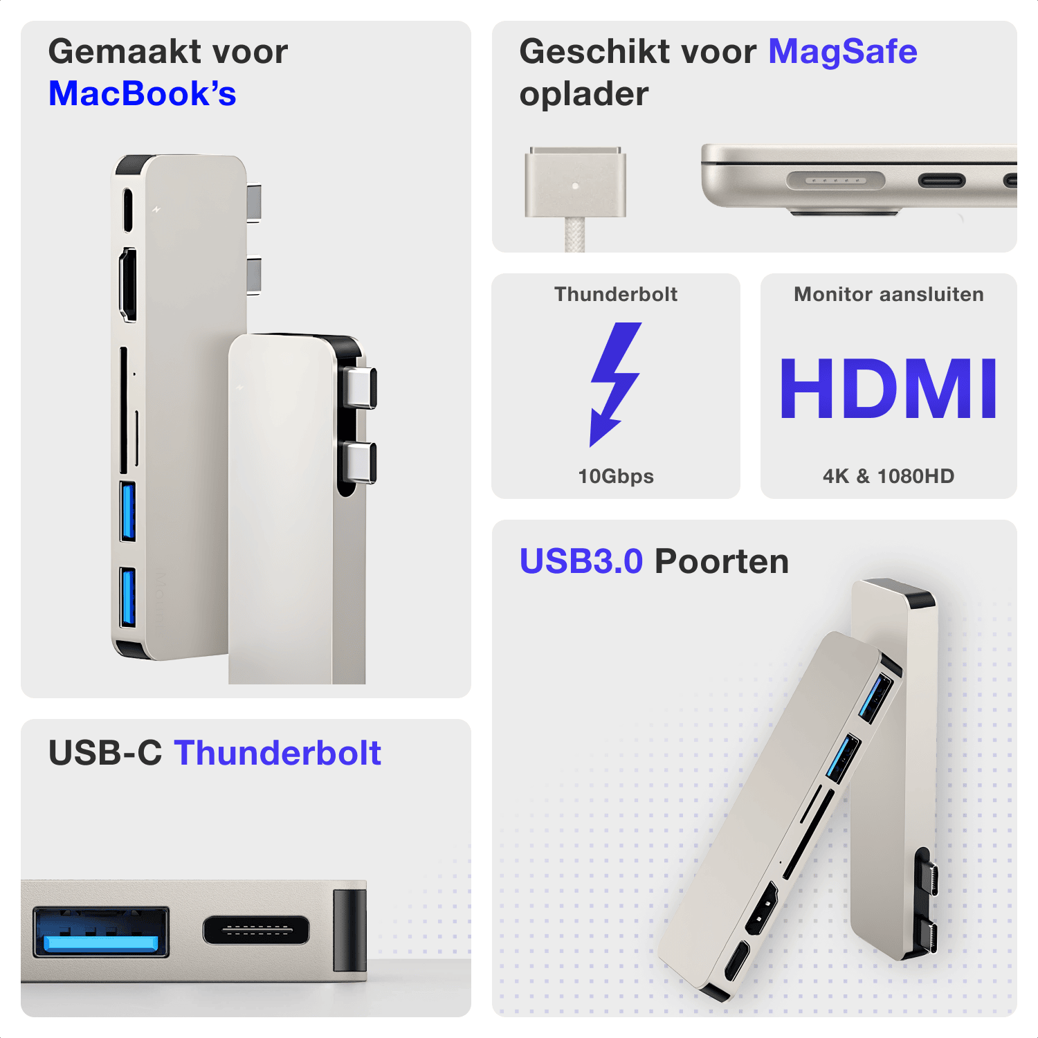 Close-up iMounts USB-C hub Starlight met HDMI en USB3.0