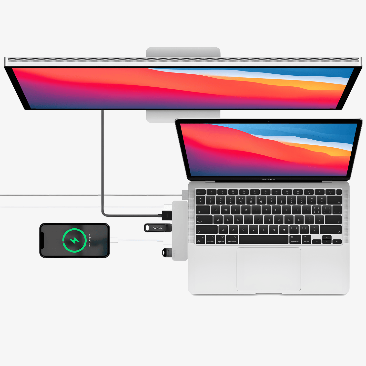 Illustratie van een extern beeldscherm dat is aangesloten via de HDMI-uitgang van de zilverkleurige USB-C hub op een MacBook Air.