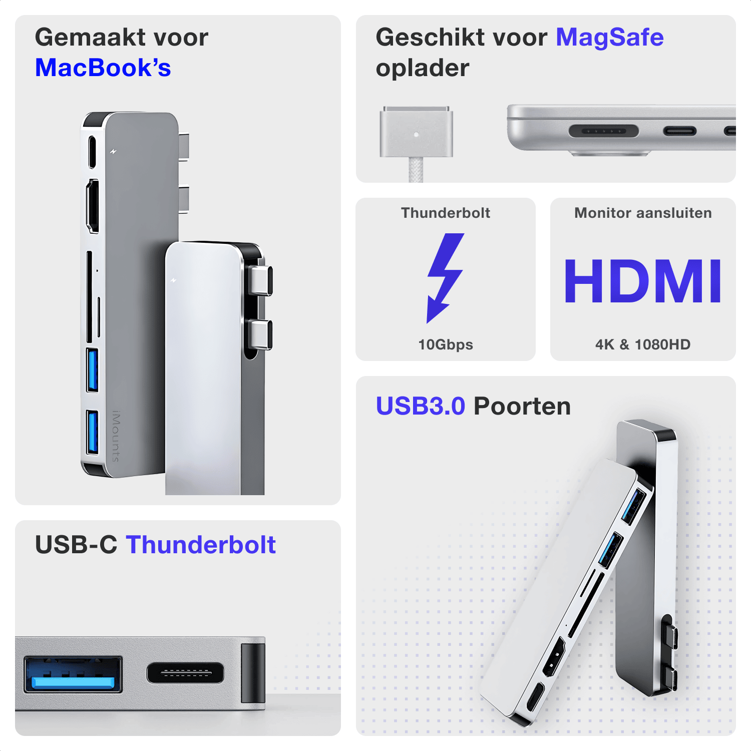 MacBook Air met de zilverkleurige USB-C hub, waarmee meerdere apparaten zijn aangesloten, zoals een externe harde schijf en een monitor.
