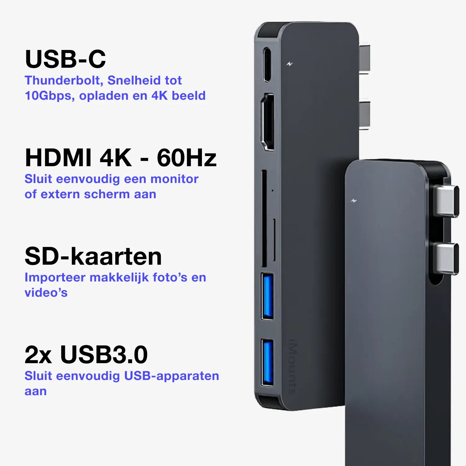 macbook hub in de kleur midnight blue met usb-c, Thunderbolt, hdmi, sd reader en usb3.0 poorten