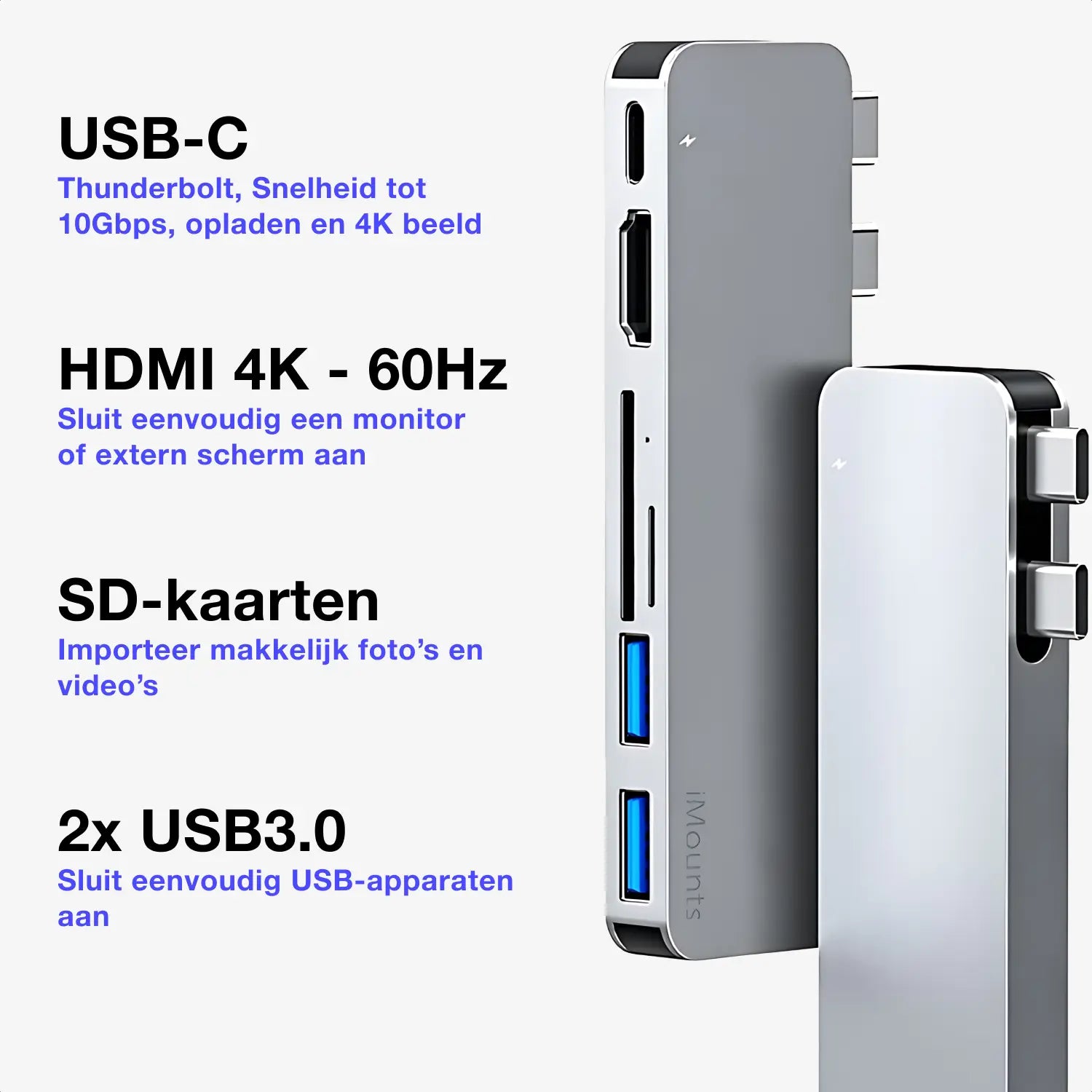 macbook hub in de kleur zilver met usb-c, Thunderbolt, hdmi, sd reader en usb3.0 poorten