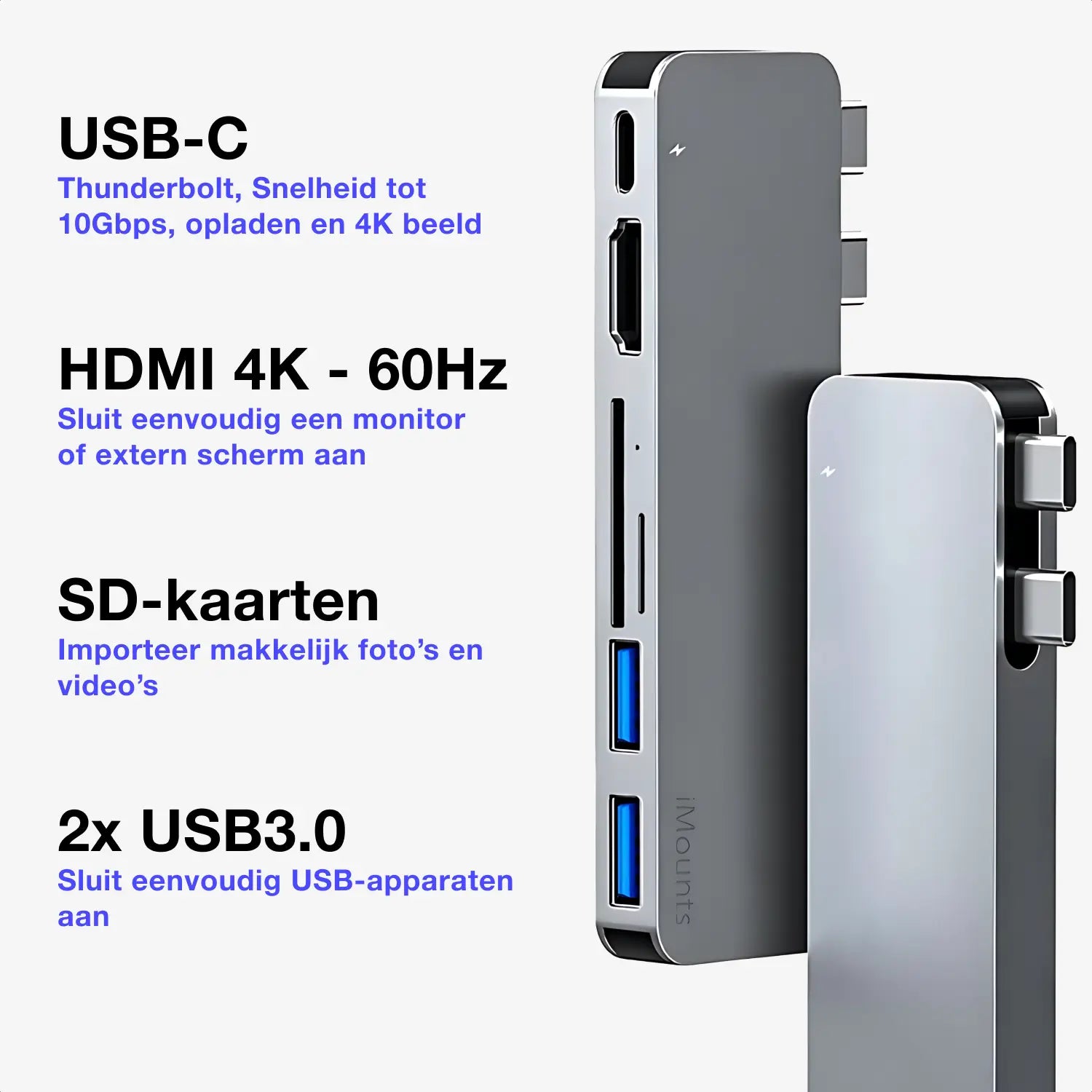 macbook hub in de kleur space gray met usb-c, thunderbolt, hdmi, sd reader en usb3.0 poorten