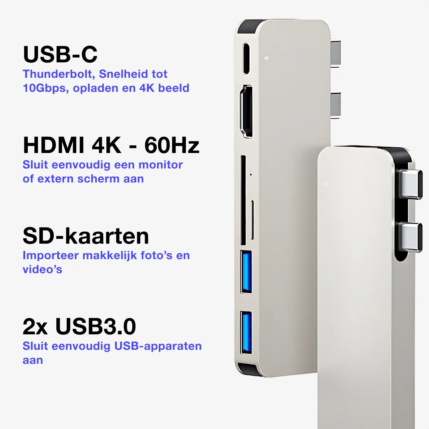 macbook hub in de kleur starlight met usb-c, Thunderbolt, hdmi, sd reader en usb3.0 poorten
