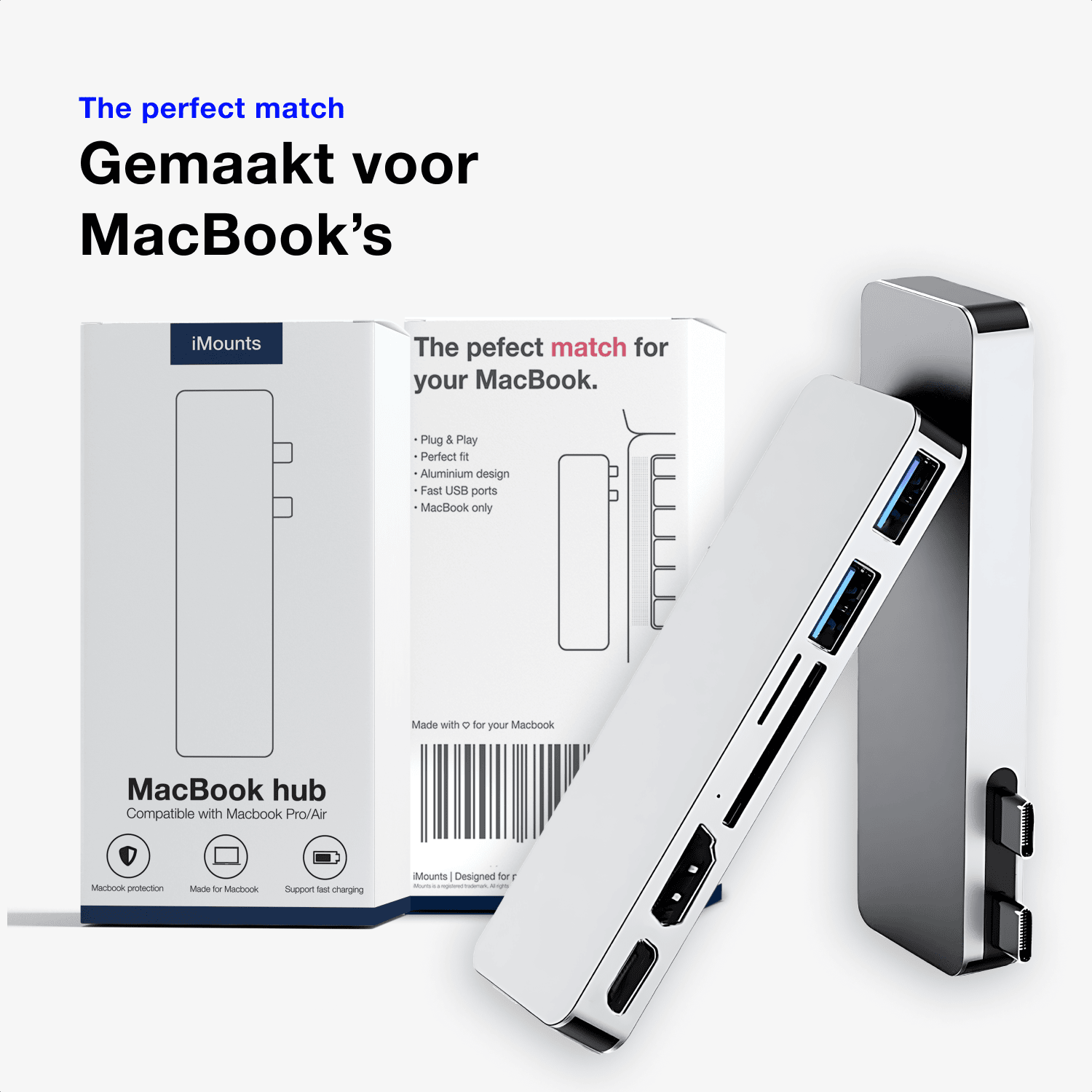 MacBook Air met de zilverkleurige USB-C hub, waarmee meerdere apparaten zijn aangesloten, zoals een externe harde schijf en een monitor (iMounts)