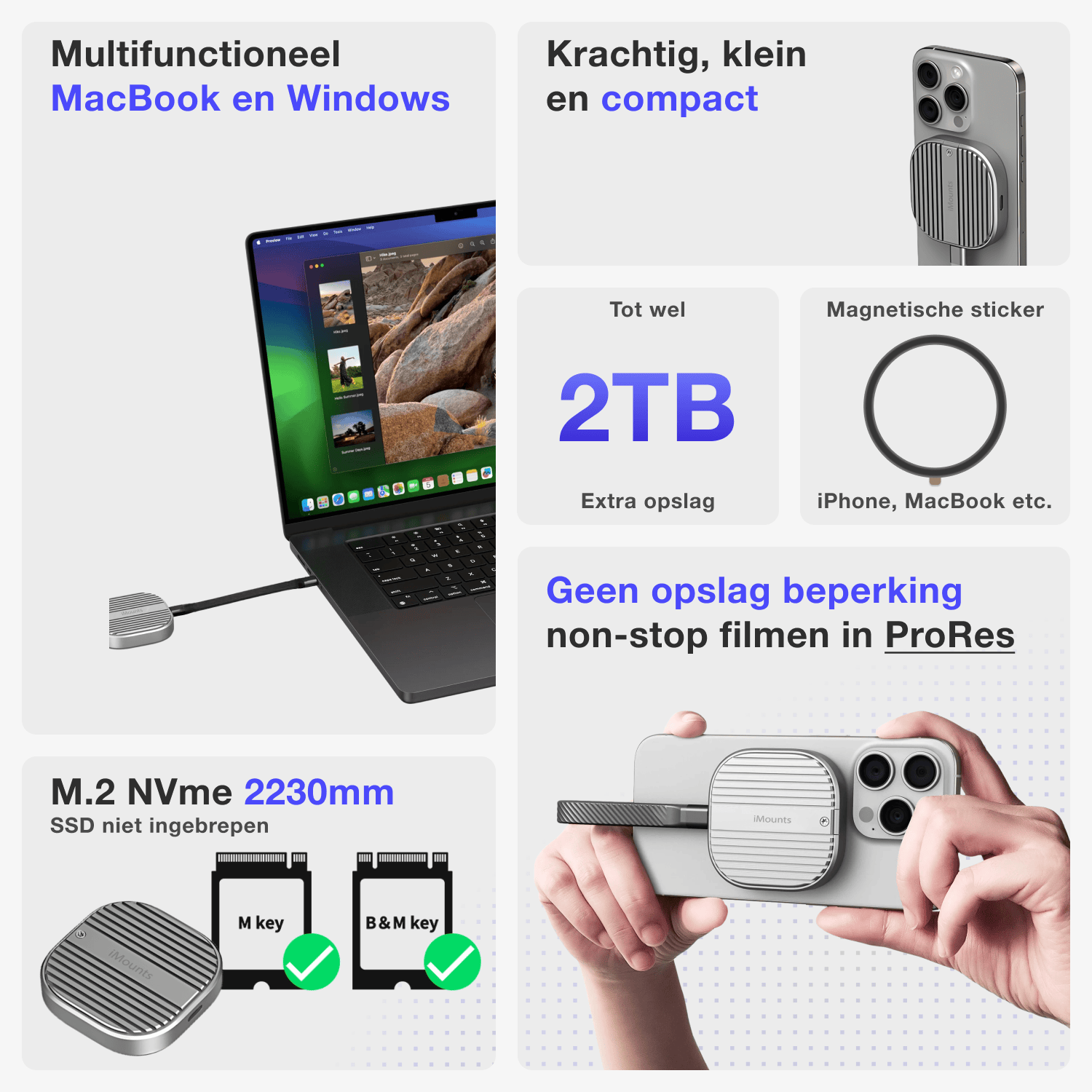 iMounts Externe SSD voor iPhone SSD opslag video's en foto's M.2 MagSafe magnetisch
