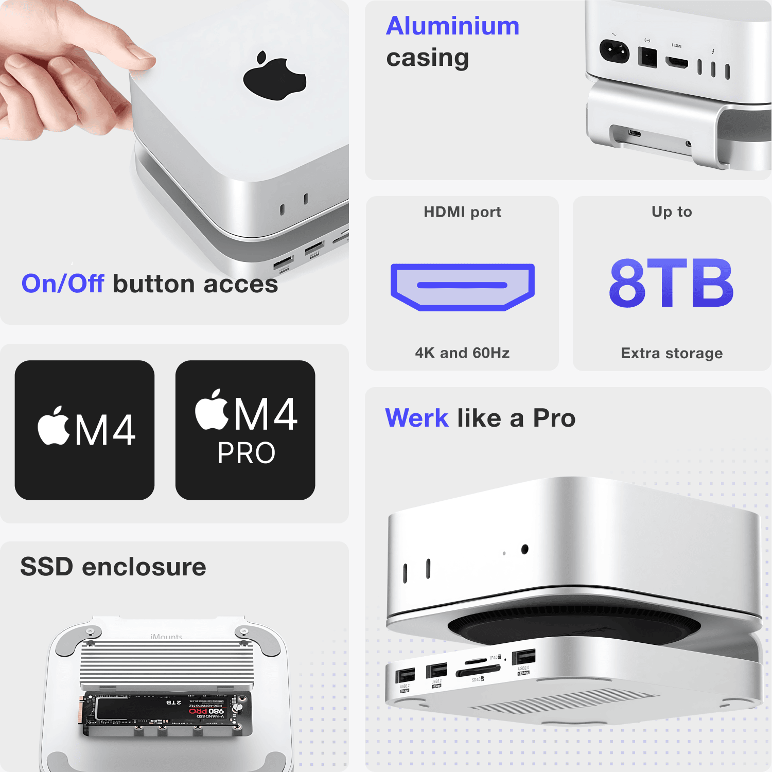 Ontworpen voor Mac Mini-gebruikers: een elegante, krachtige hub met SSD, HDMI 4K en razendsnelle connectiviteit.
