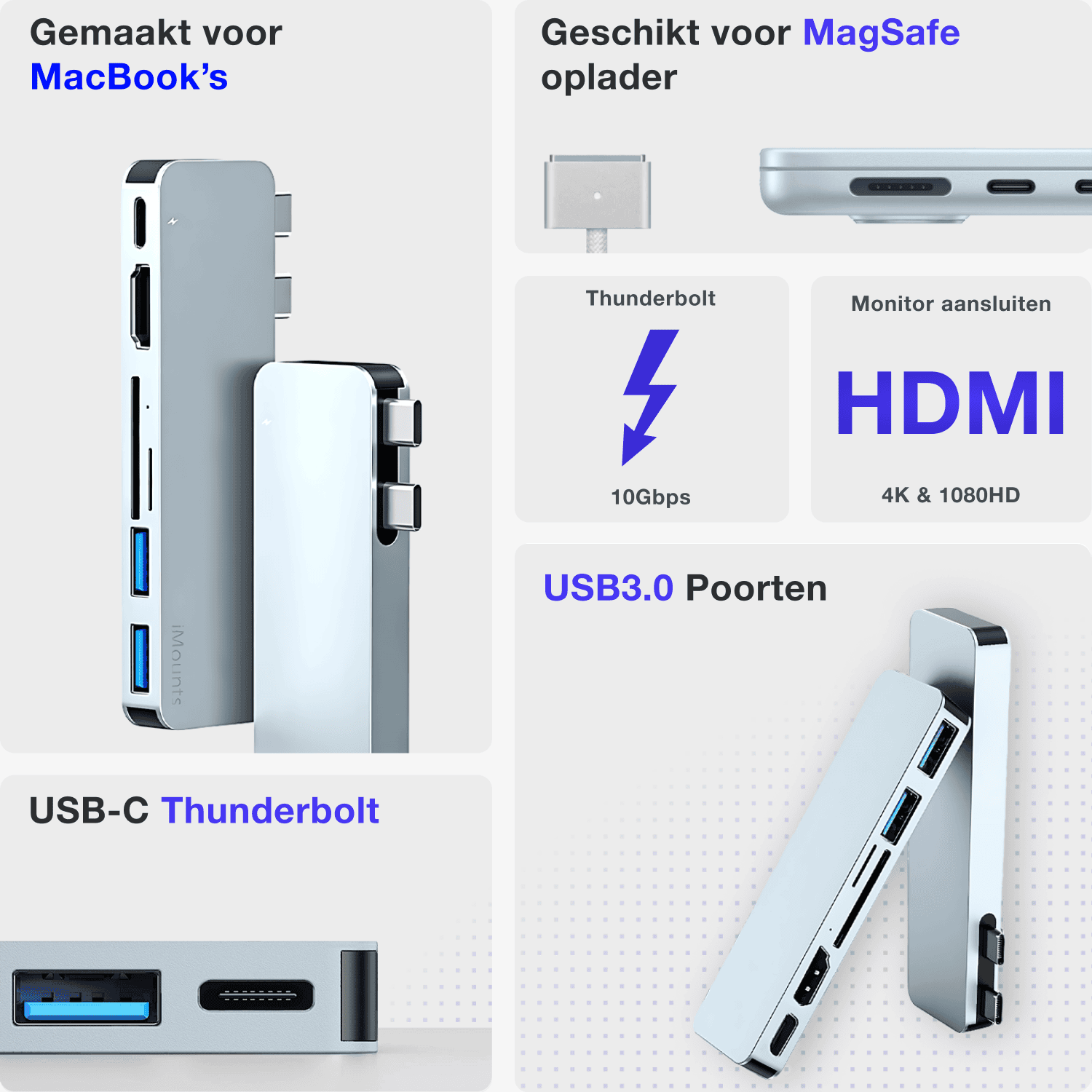 iMounts MacBook Air USB C hub Hemelsblauw/Sky Blue - HDMI, USB, SD reader, Thunderbolt