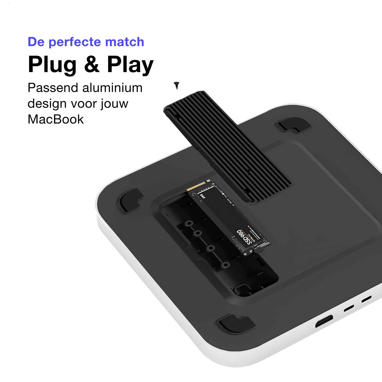 iMounts docking station open met zicht op het interne M.2 slot voor NVMe SSD

