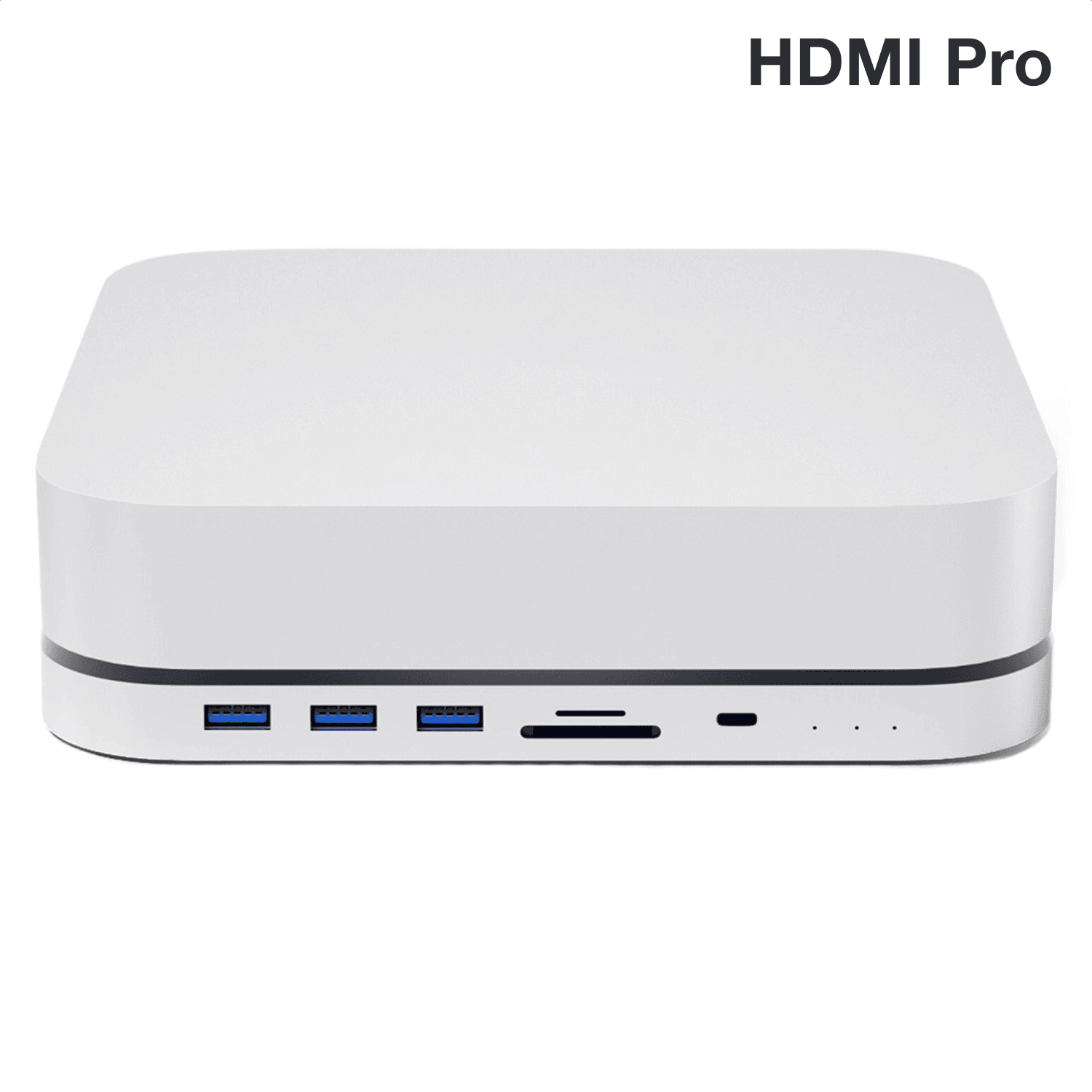 Mac Mini met iMounts docking station en aangesloten HDMI-scherm – uitbreiding met extra poorten en opslag

