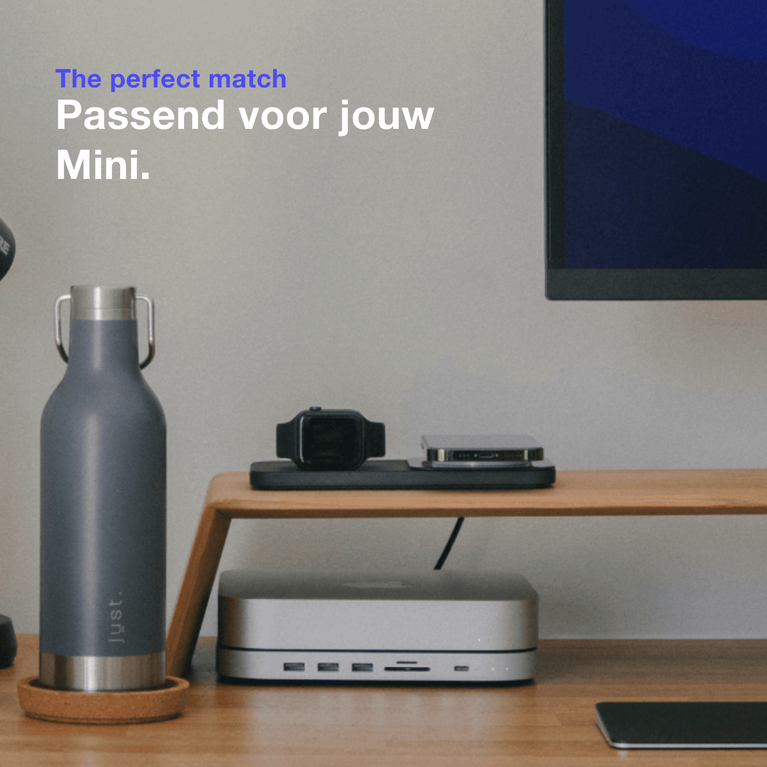 iMounts dock naast originele Mac Mini – gelijke afmetingen en naadloze integratie

