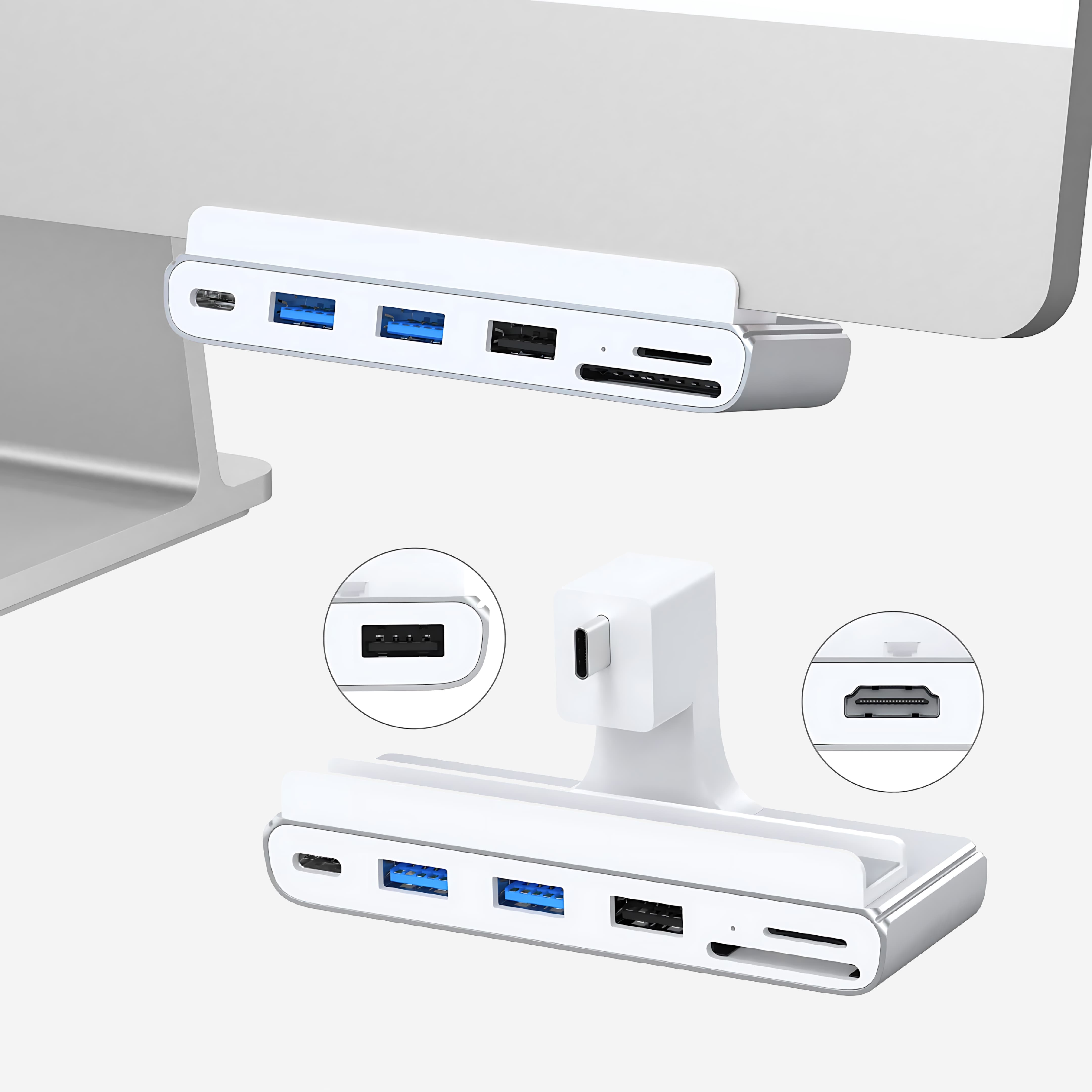 "iMounts USB-C hub voor iMac, uitgerust met USB 3.0, Thunderbolt, HDMI en een SD-lezer voor maximale connectiviteit."
