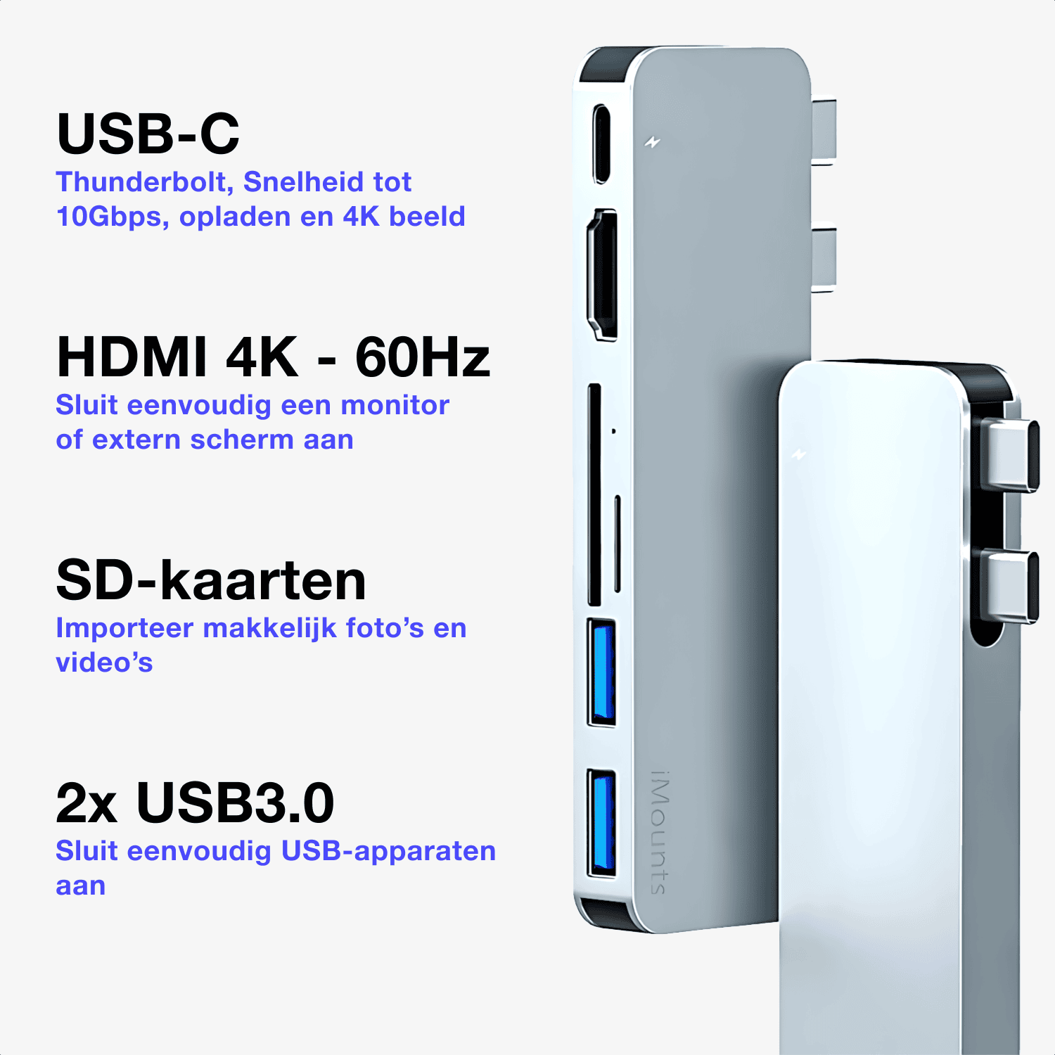 iMounts MacBook Air USB C hub Hemelsblauw/Sky Blue - HDMI, USB, SD reader, Thunderbolt