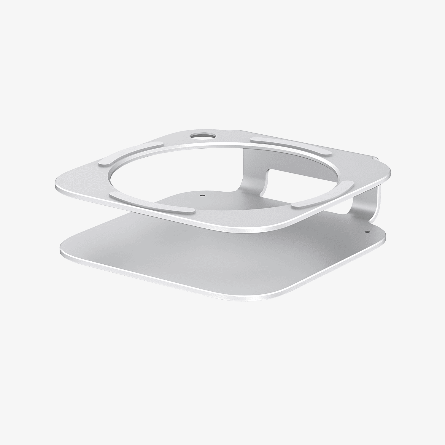 Strakke aluminium standaard voor de Mac Mini M4 – verhoogt, koelt en ordent.
